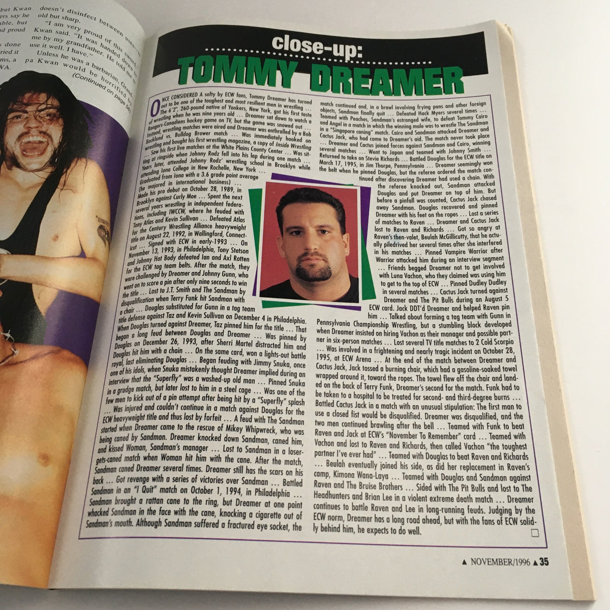 Profile feature in Pro Wrestling Illustrated November 1996, focusing on wrestler Tommy Dreamer, including a photograph and details about his wrestling career.