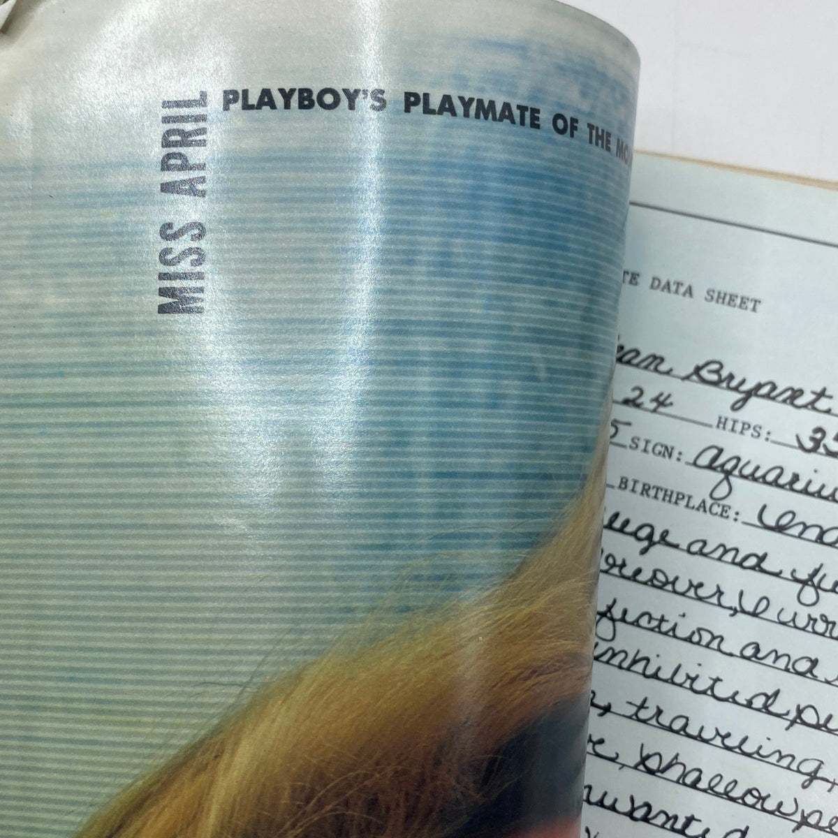 Inside page of the VTG Playboy Magazine April 1978 titled 'Miss April,' depicting details of Playboy's Playmate of the Month alongside the accompanying data sheet.