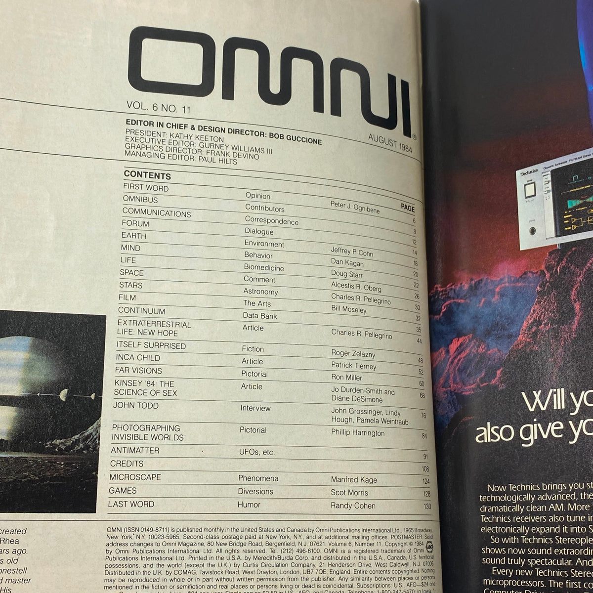 Inside contents page of VTG Omni Magazine August 1984 titled 'New Hope in Our Own Solar System', showcasing various articles including opinions, science topics, and interviews.