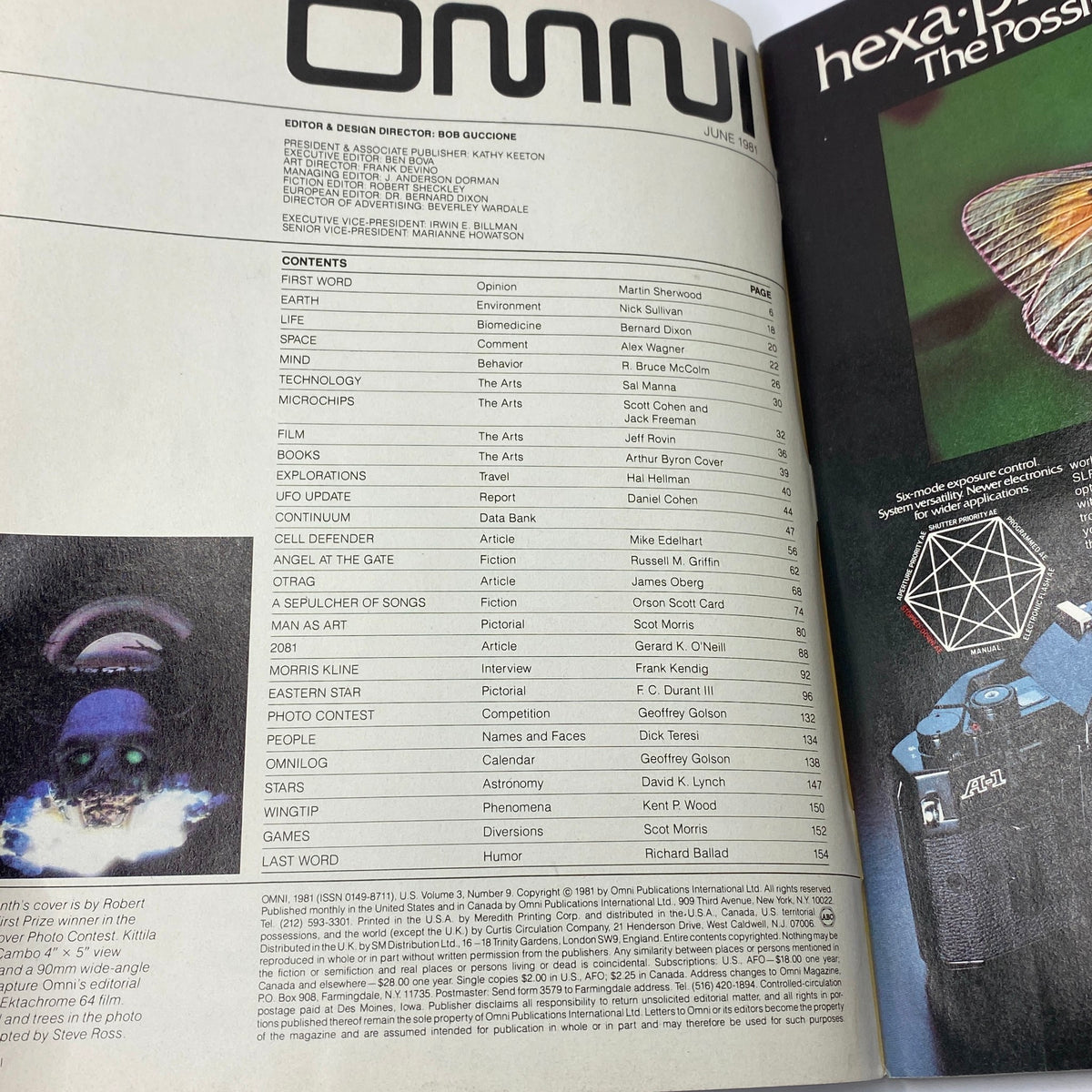Inside the VTG Omni Magazine June 1981, displaying the contents page. This page lists various articles and sections, including 'Interferon' and other topics related to science, culture, and technology.