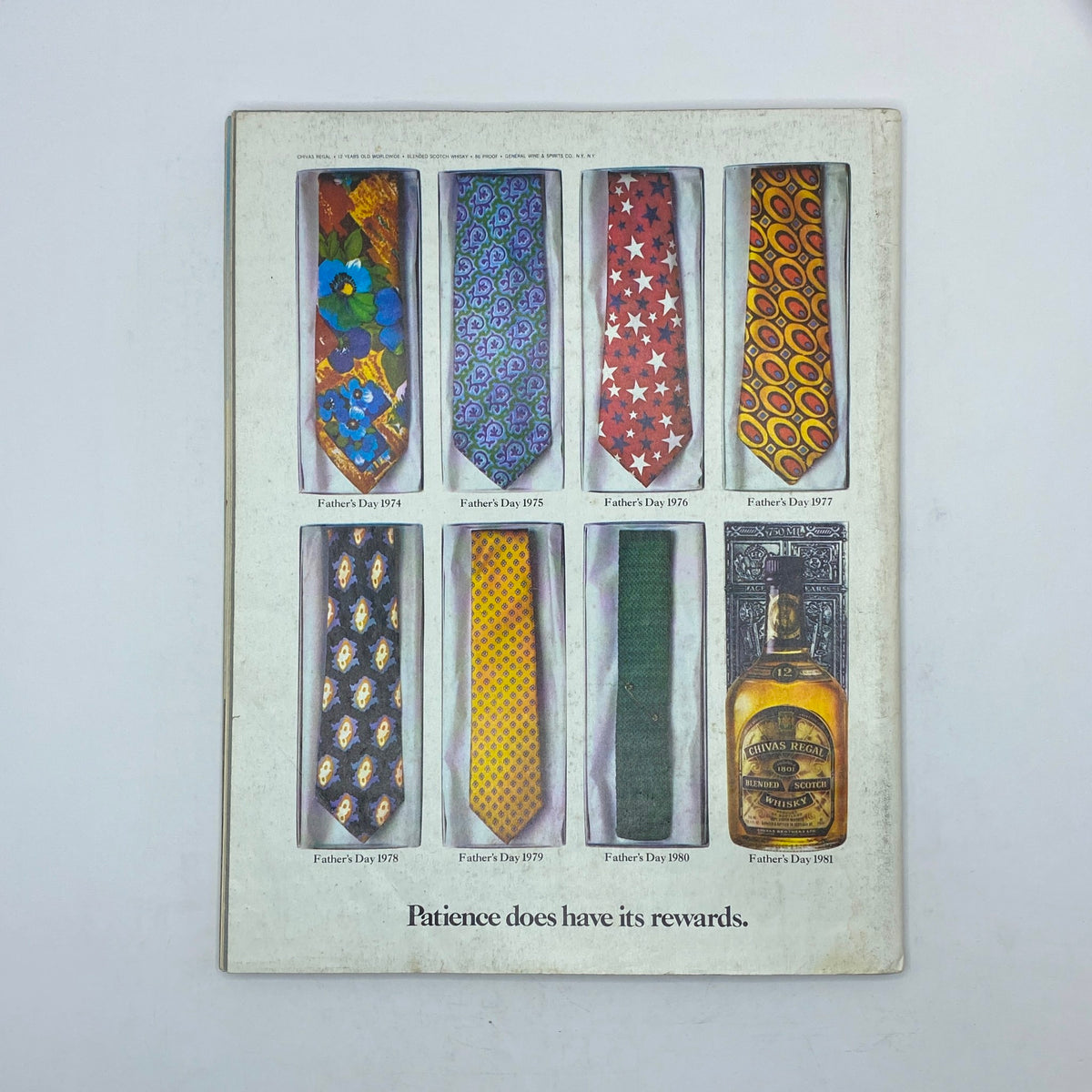 Back cover of the VTG Omni Magazine June 1981, depicting a collection of colorful ties for Father's Day from various years, along with the phrase 'Patience does have its rewards.'