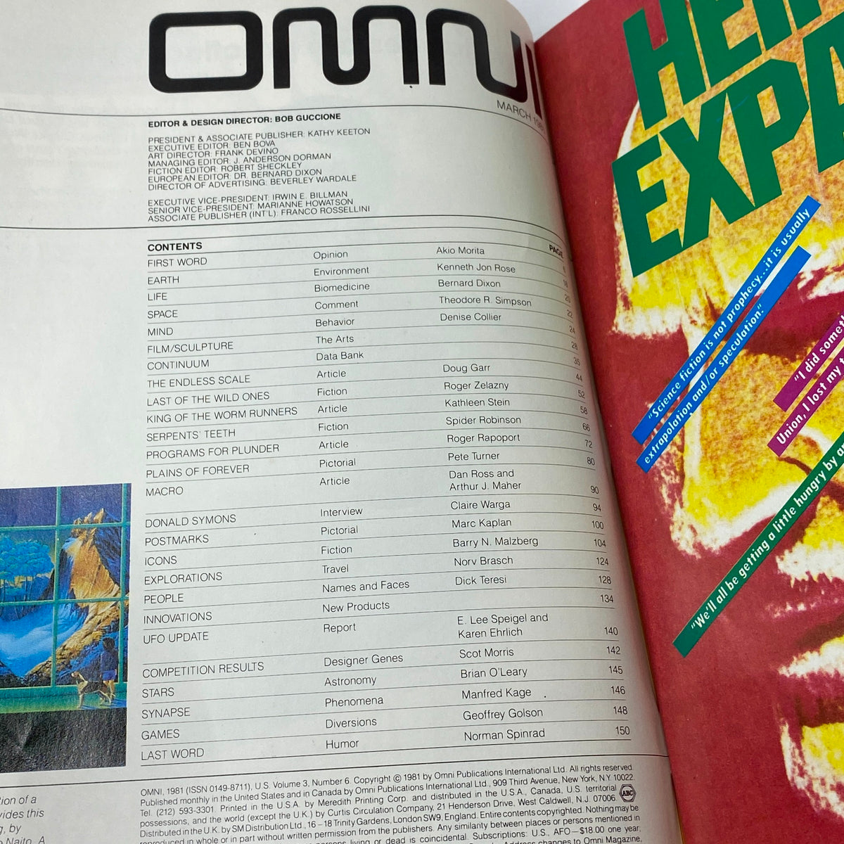 Contents page of VTG Omni Magazine March 1981 Music for The 21st Century listing various articles and features, showcasing the magazine's exploration of music and cultural topics.