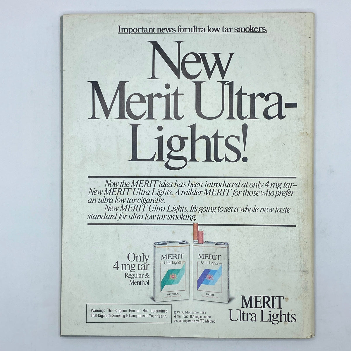 Back cover of VTG Omni Magazine March 1981 Music for The 21st Century featuring an advertisement for New Merit Ultra-Lights, emphasizing the low tar cigarette.