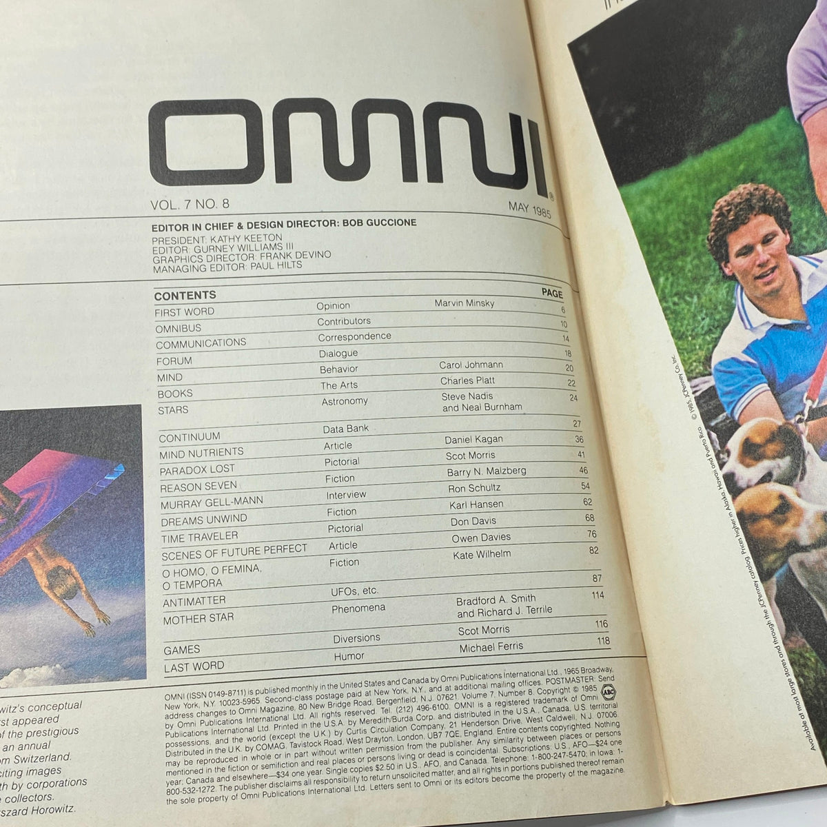 Inside cover page of VTG Omni Magazine May 1985, showcasing the table of contents for articles on brain foods and cognitive enhancement.
