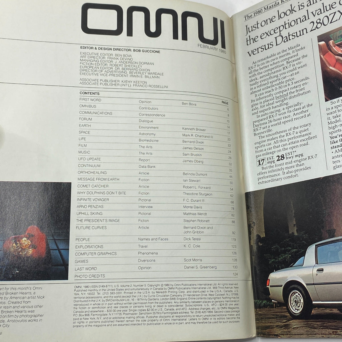 Contents page of VTG Omni Magazine February 1980, outlining articles including 'Lying in Wait for Halley's Comet', with editorial credits and specific topics covered in this issue.