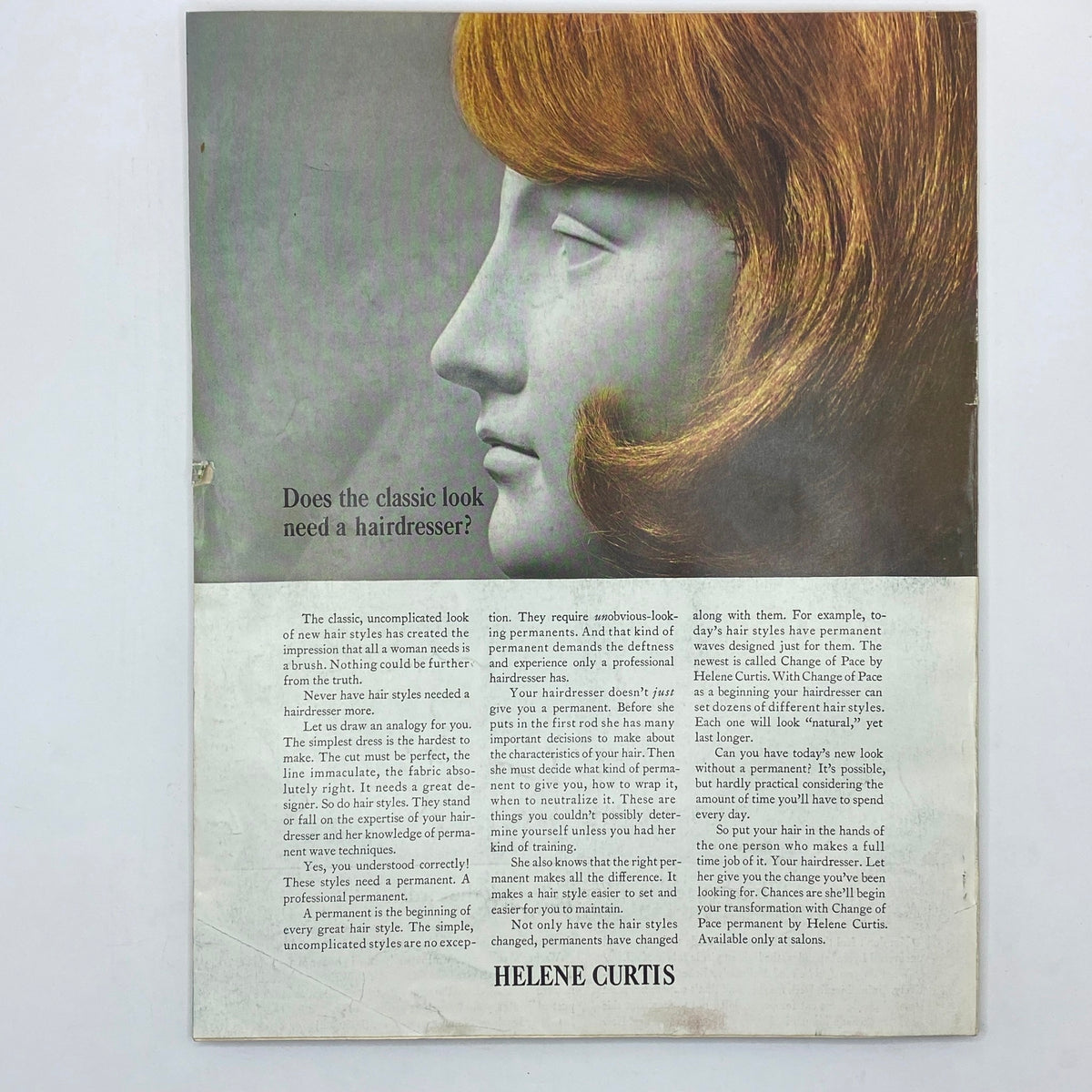 Back cover of the VTG Vogue Magazine from November 15, 1963, illustrating a stylized image of a mannequin with a classic hairstyle, advertising hair care by Helene Curtis.