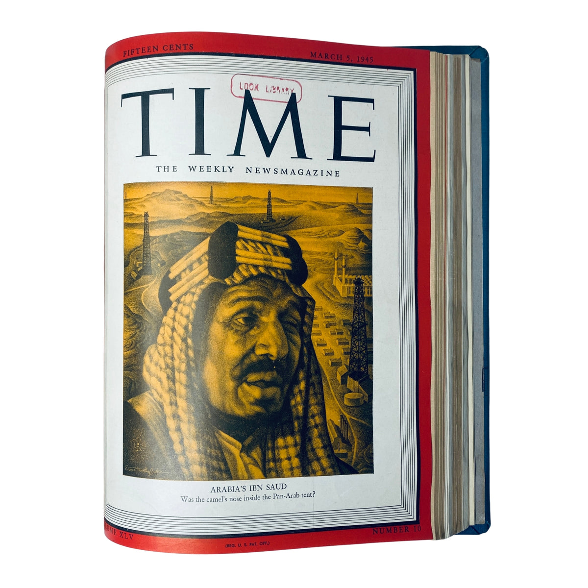 Time Magazine cover featuring Arabia's Ibn Saud, dated March 5, 1945, showcasing the influential leader amidst visual representations of oil fields.