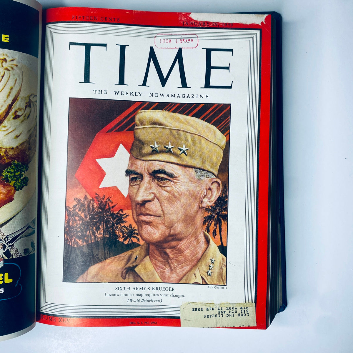 Cover of Time Magazine from January 29, 1945, featuring General Walter Krueger with an emphasis on the Sixth Army's operations during World War II. Time Magazine Library Bound January 1, 1945 - March 26, 1945 Arabia's Ibn Saud.