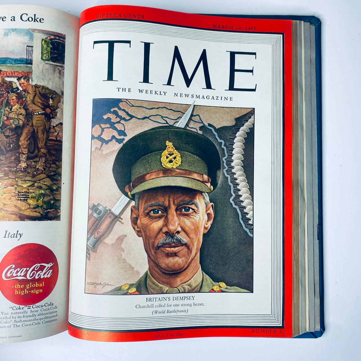 Cover of Time Magazine dated March 19, 1945, depicting General Sir Miles Dempsey, a prominent military leader during World War II. Title: Time Magazine Library Bound January 1, 1945 - March 26, 1945 Arabia's Ibn Saud.