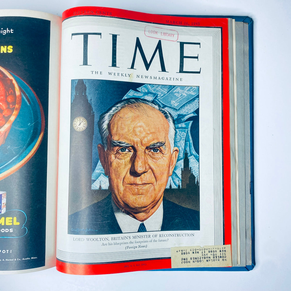 Cover of Time Magazine dated March 26, 1945, featuring Lord Woolton, Britain's Minister of Reconstruction, emphasizing post-war rebuilding efforts. Title: Time Magazine Library Bound January 1, 1945 - March 26, 1945 Arabia's Ibn Saud.