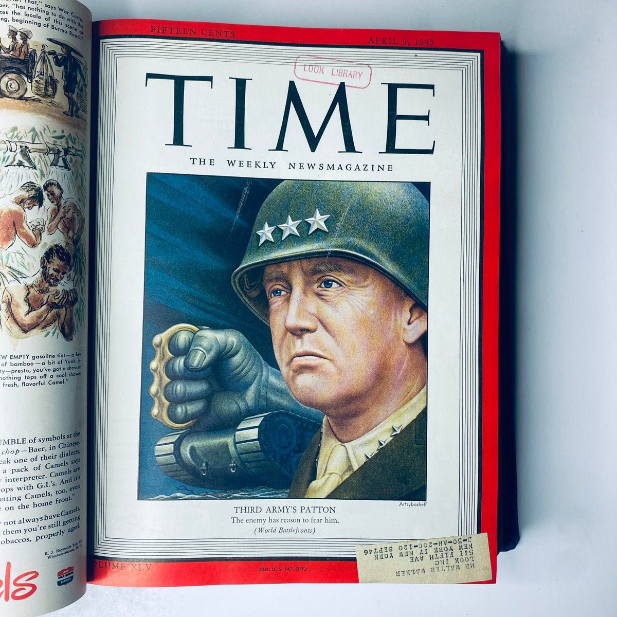 Time Magazine Library Bound April 2, 1945 - June 25, 1945 Adolph Hitler Red X - illustrating the cover page of Time Magazine dated April 9, 1945, showcasing General George S. Patton.