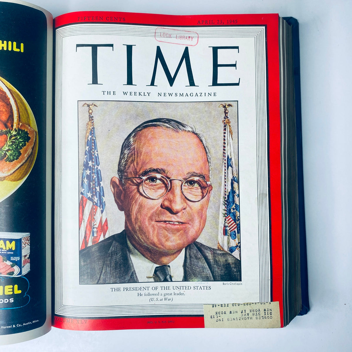 Time Magazine cover from April 23, 1945 featuring President Harry S. Truman, showcasing his portrait with American flags, part of the Time Magazine Library Bound April 2, 1945 - June 25, 1945 Adolph Hitler Red X collection.