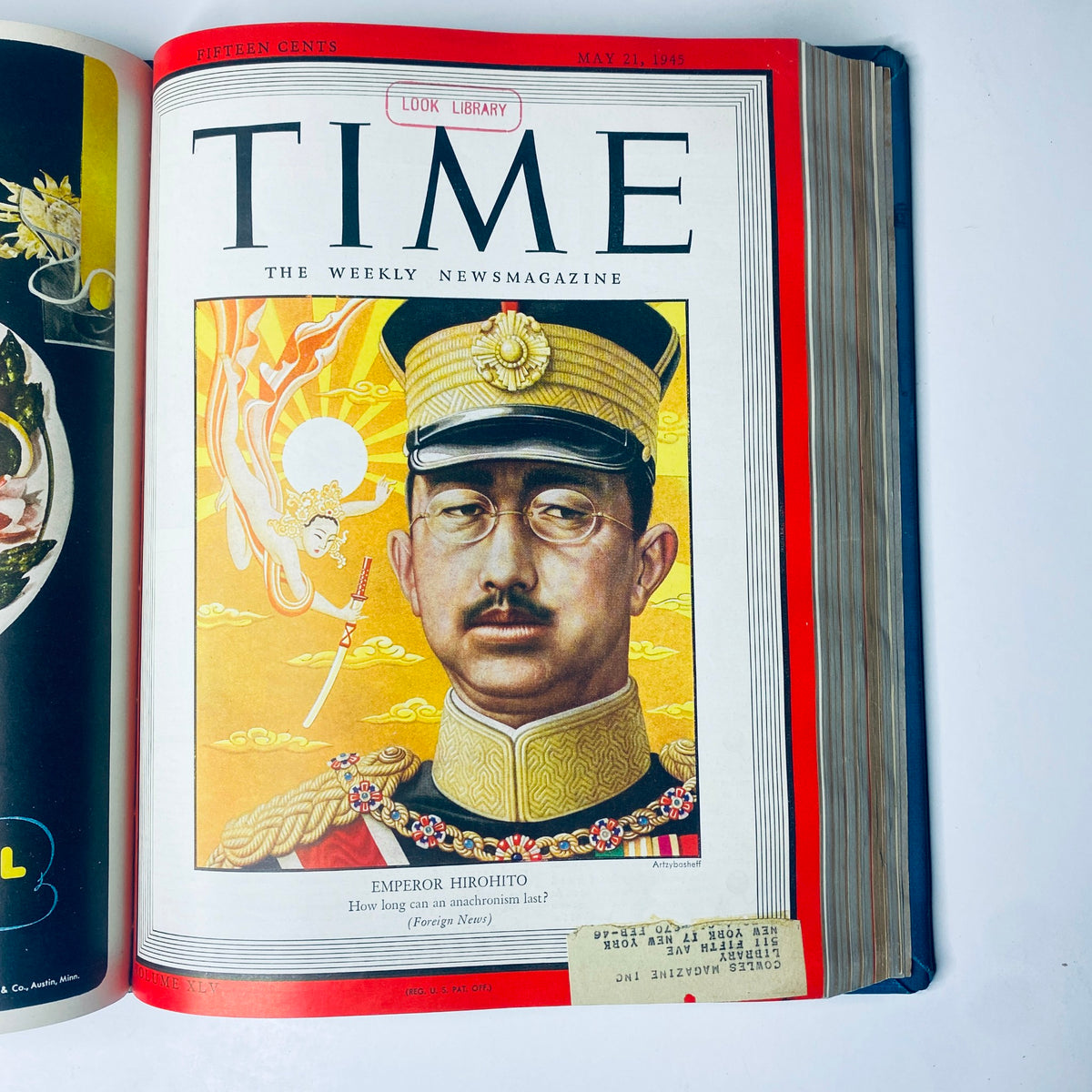 Time Magazine cover from May 21, 1945 featuring Emperor Hirohito of Japan in military attire, showcasing Asian cultural elements, part of the Time Magazine Library Bound April 2, 1945 - June 25, 1945 Adolph Hitler Red X collection.