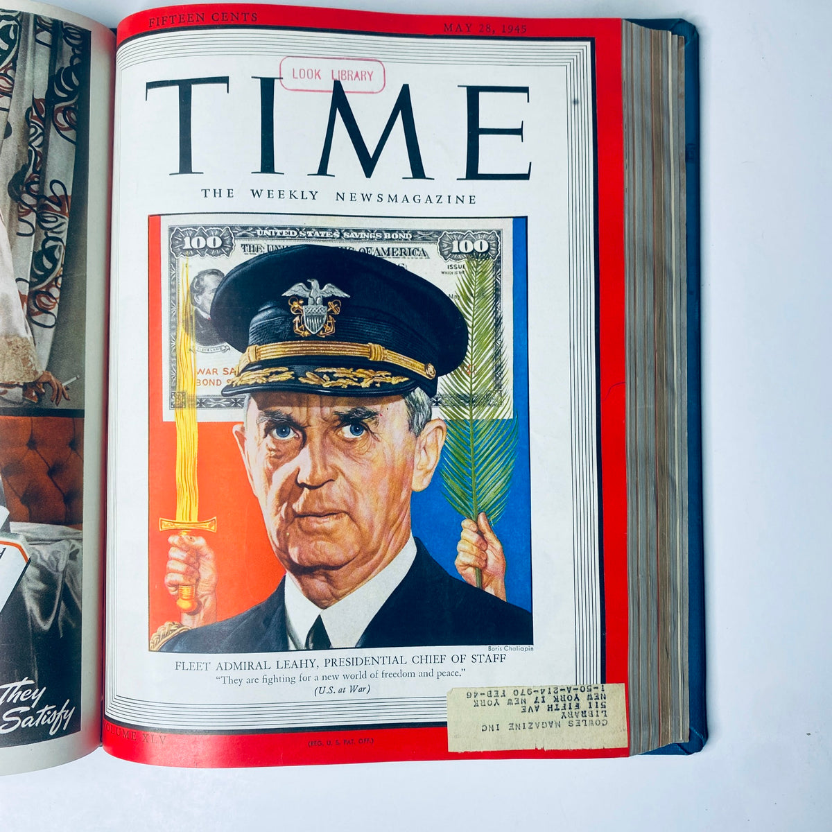 Time Magazine cover featuring Fleet Admiral Leahy, Presidential Chief of Staff, dated May 28, 1945, from the Time Magazine Library Bound April 2, 1945 - June 25, 1945 Adolph Hitler Red X.