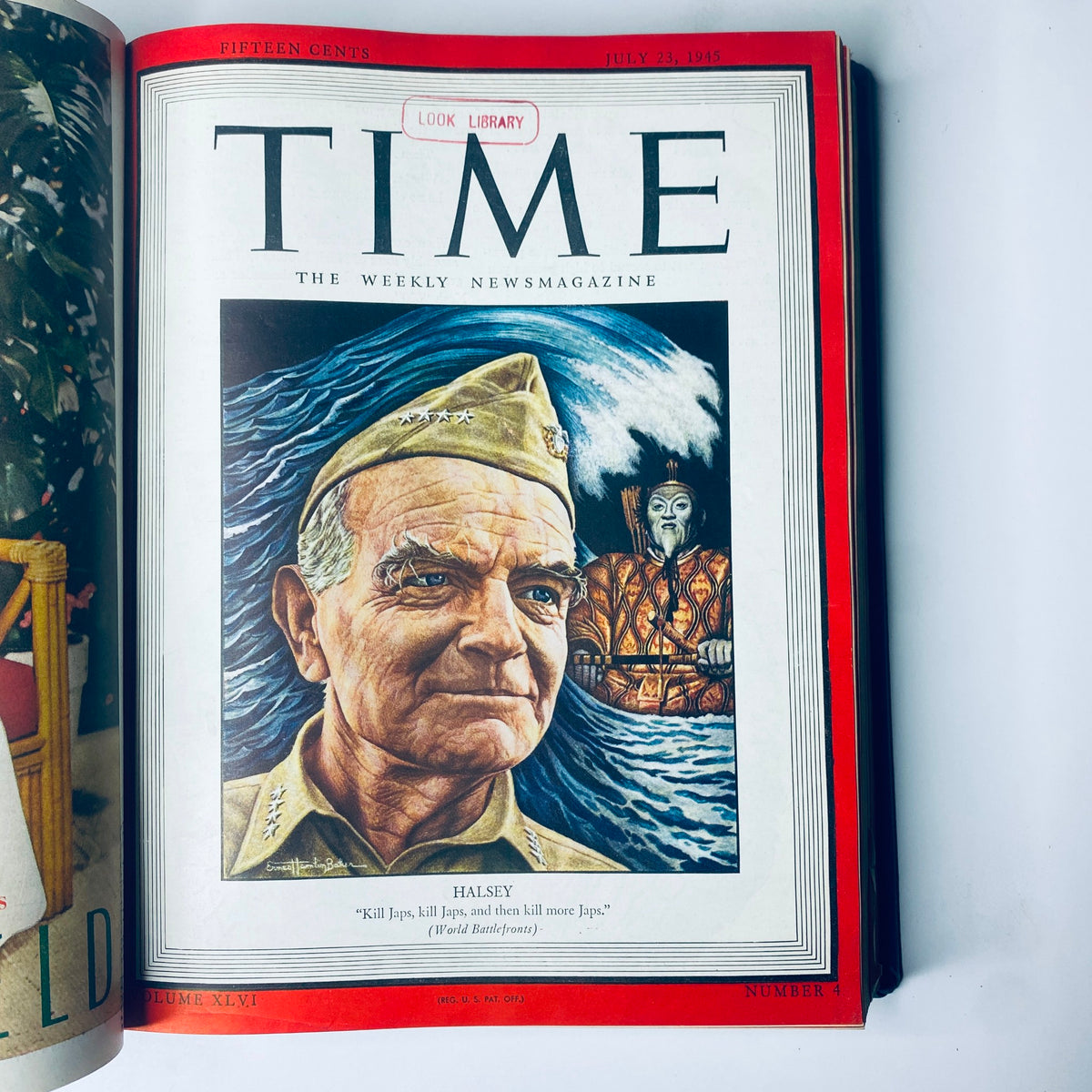 Cover of Time Magazine July 23, 1945, showcasing Admiral William Halsey, from the Time Magazine Library Bound July 2, 1945 - September 24, 1945 Red X Japan collection.