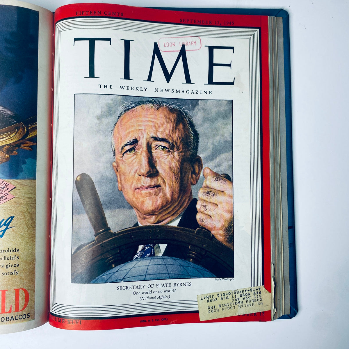 Cover of Time Magazine from September 17, 1945, showing Secretary of State James F. Byrnes, part of 'Time Magazine Library Bound July 2, 1945 - September 24, 1945 Red X Japan'.