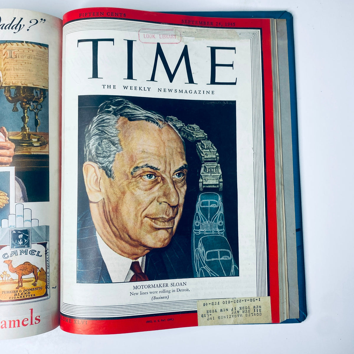 Cover of Time Magazine Library Bound July 2, 1945 - September 24, 1945 featuring Motormaker Sloan on the front, showcasing historical context of post-World War II.