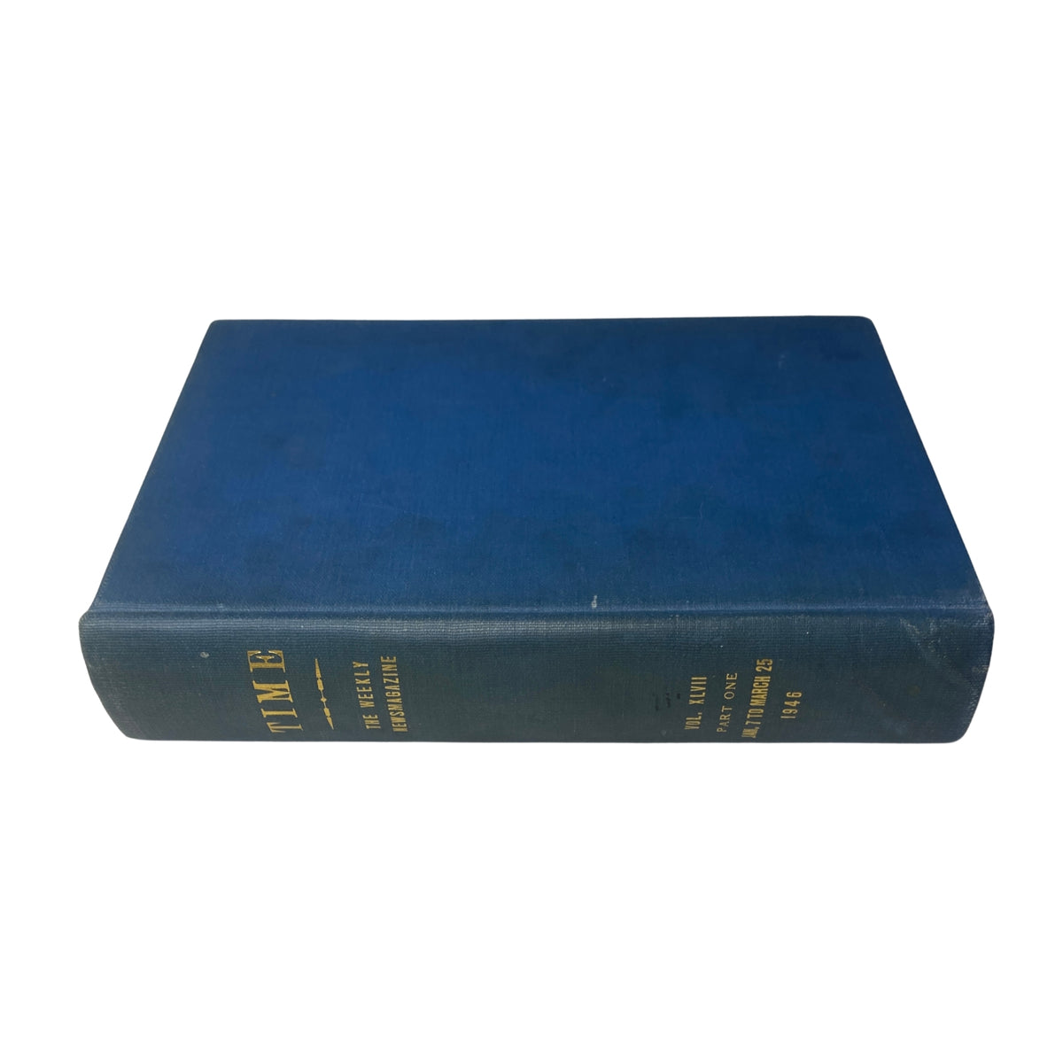 Side view of Time Magazine Library Bound Weekly, January 7 to March 25, 1946, displaying a clean blue spine with gold lettering.