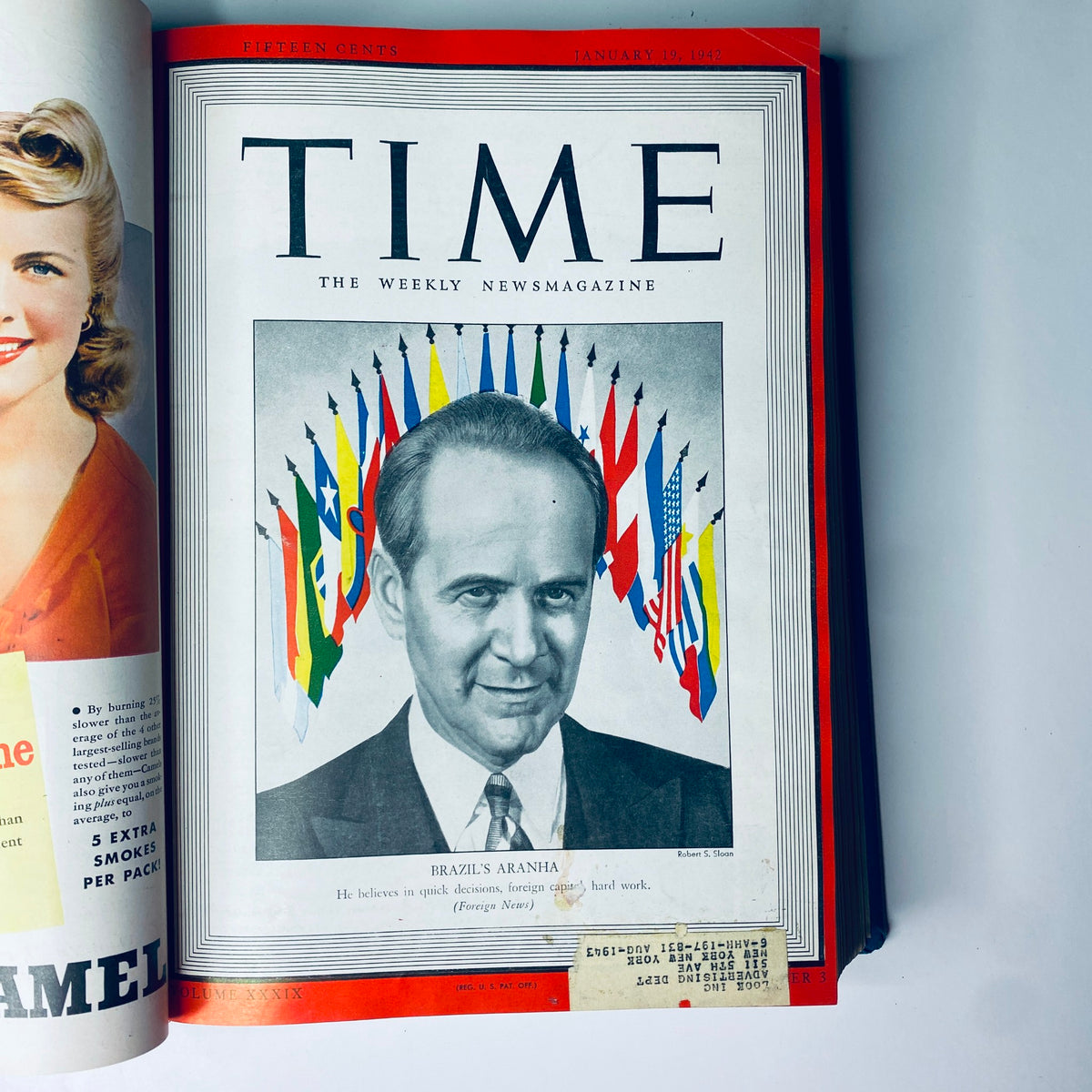 Cover of Time Magazine Library Bound Weekly January 5, 1942 - March 30, 1942 featuring Oswaldo Aranha, Brazil's Foreign Minister, with various country flags in the background.