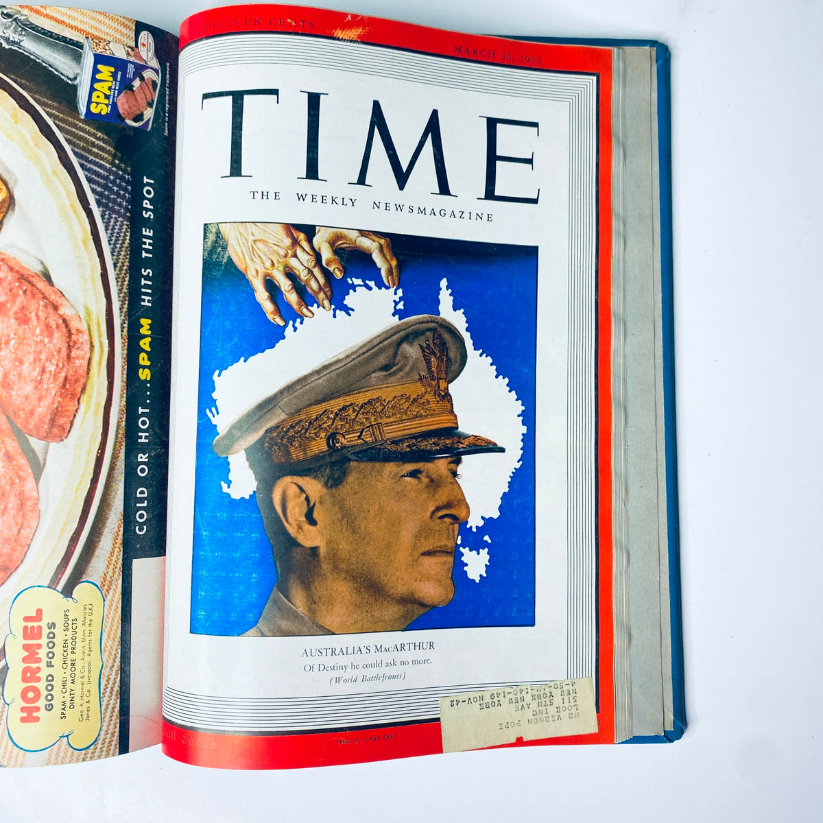 Time Library Bound Weekly Magazine, March 30, 1942, depicting General Douglas MacArthur, highlighting pivotal military strategies in World War II.