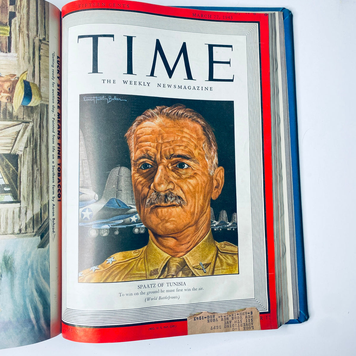 Cover of Time Magazine from March 22, 1943 featuring General Carl Spaatz, Commander in Tunisia, with the title 'SPAATZ OF TUNISIA' - part of Time Magazine Library Bound Weekly January 5, 1943 - March 29, 1943.