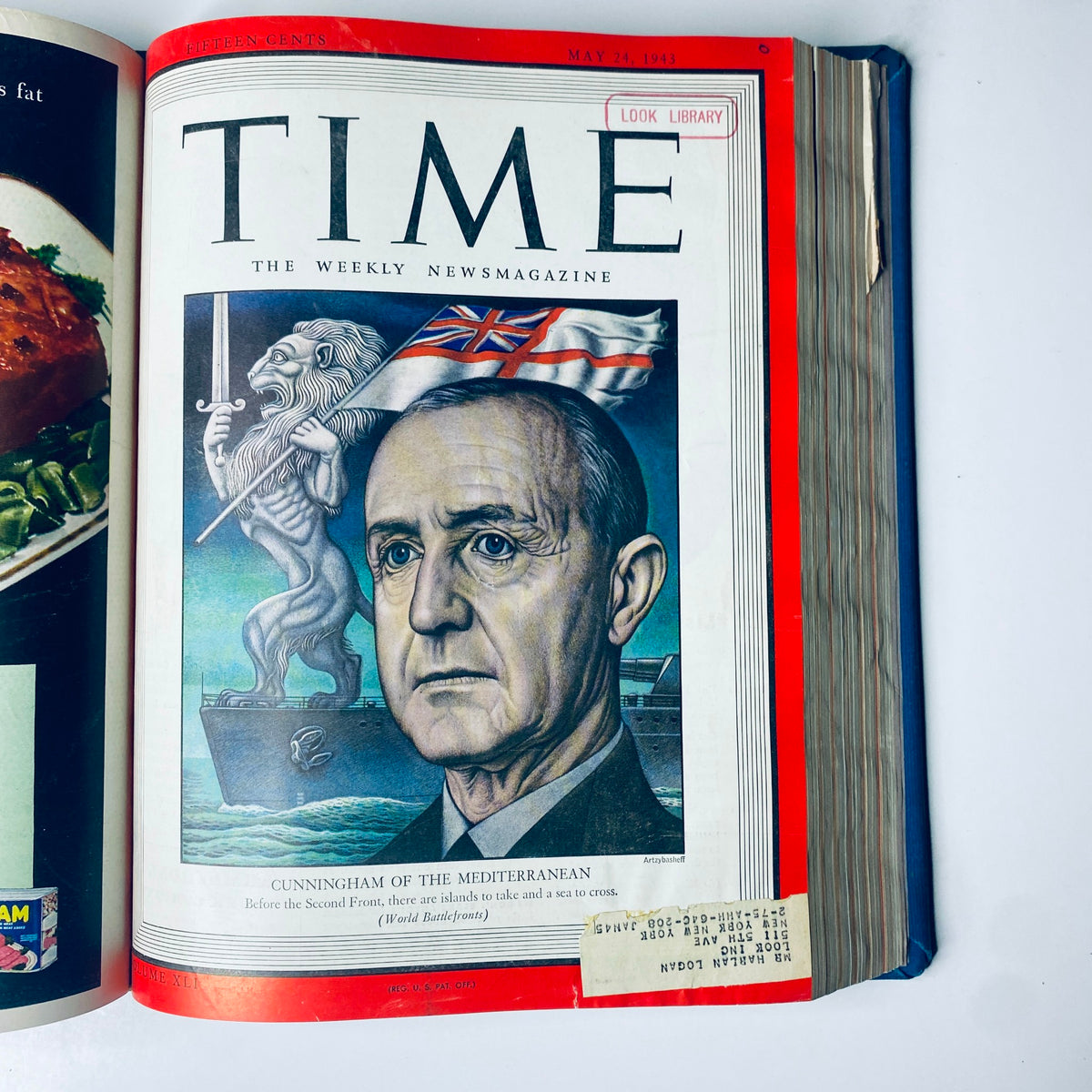 Time Magazine Library Bound Weekly April 5, 1943 - June 28, 1943 highlighting Admiral Andrew Cunningham on the cover, emphasizing his command of the Mediterranean Fleet and naval operations during World War II.