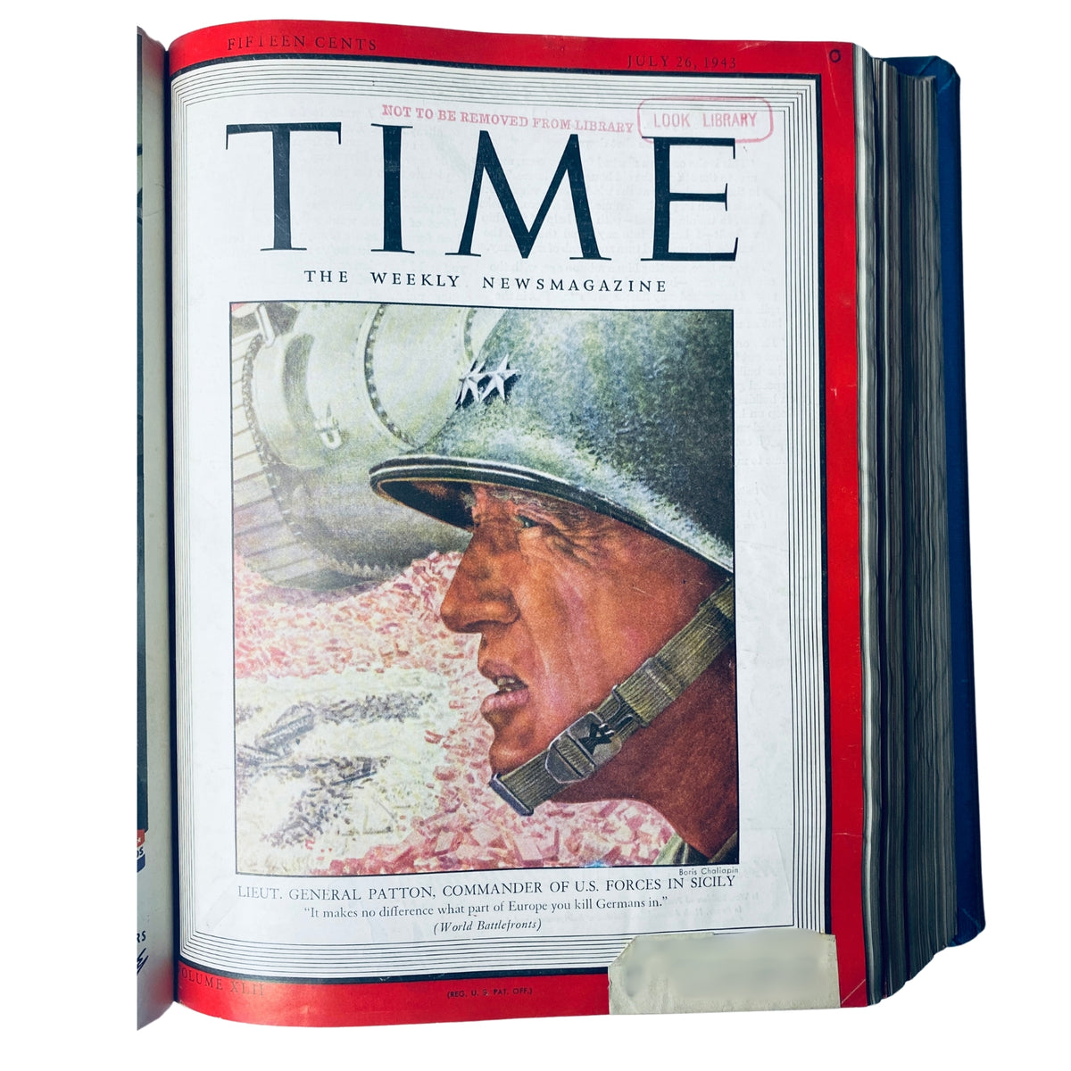 Cover of Time Library Bound Weekly Magazine for July 26, 1943, featuring Lieutenant General Patton, Commander of U.S. Forces in Sicily.