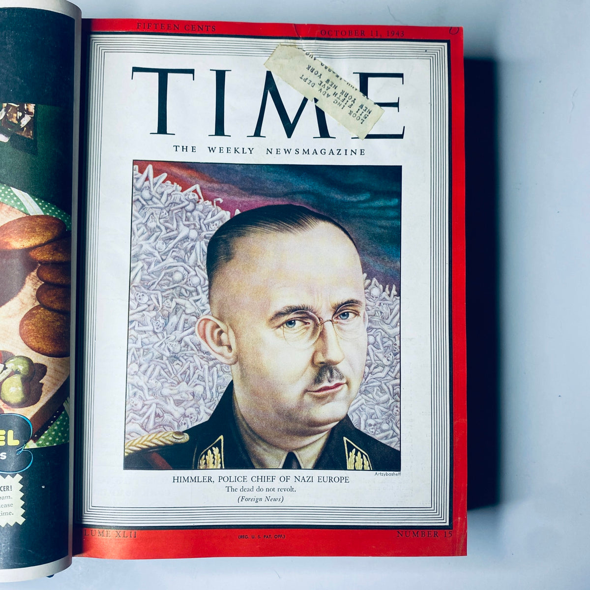 Time Magazine Library Bound Weekly October 4, 1943 - December 27, 1943 - Opened magazine showing the cover illustration of Heinrich Himmler.