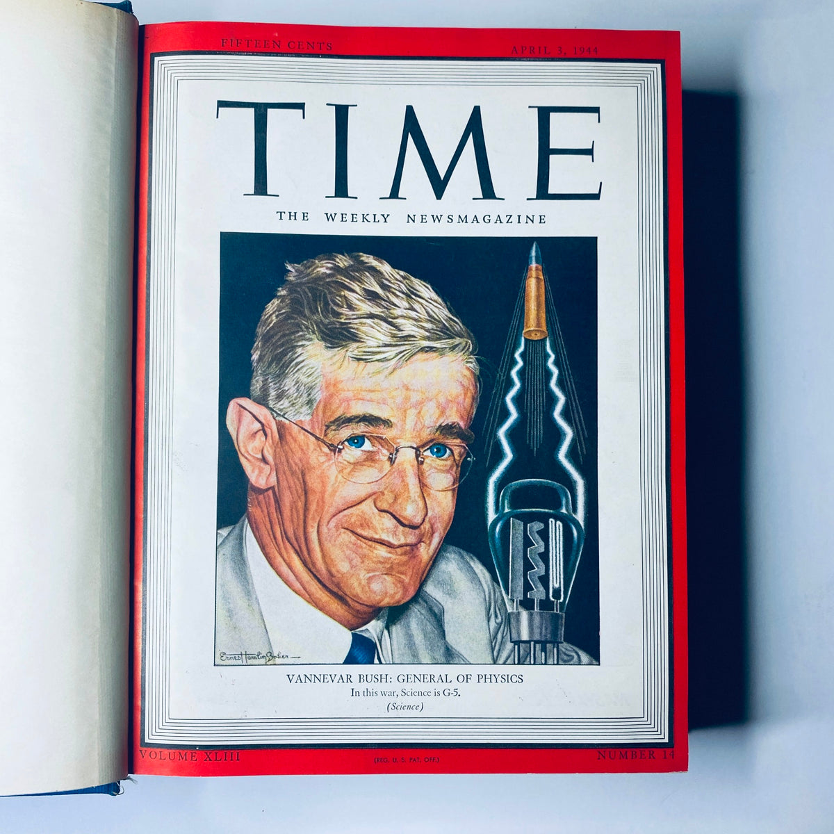 Cover page of the Time Magazine dated April 3, 1944, featuring Vannevar Bush, General of Physics, as the cover story for 'Time Library Bound Weekly April 3, 1944 - June 26, 1944'.