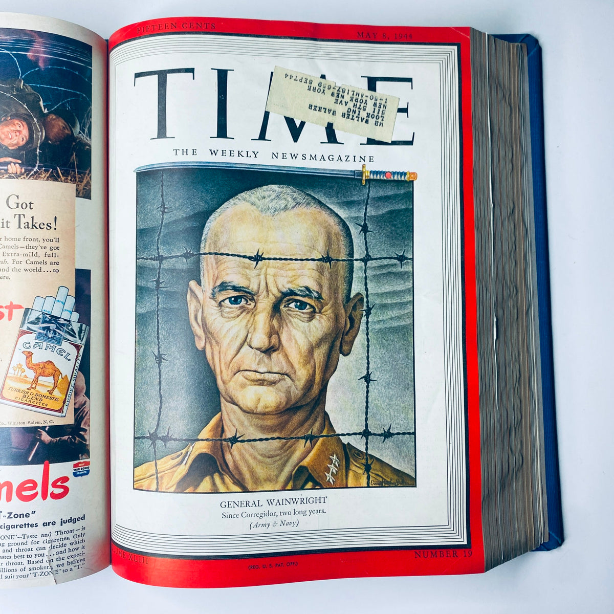 Cover of Time Magazine Library Bound Weekly April 3, 1944 - June 26, 1944 featuring General Jonathan Wainwright from the May 8, 1944 edition. The art illustrates Wainwright against a backdrop that signifies his prominent role during World War II.