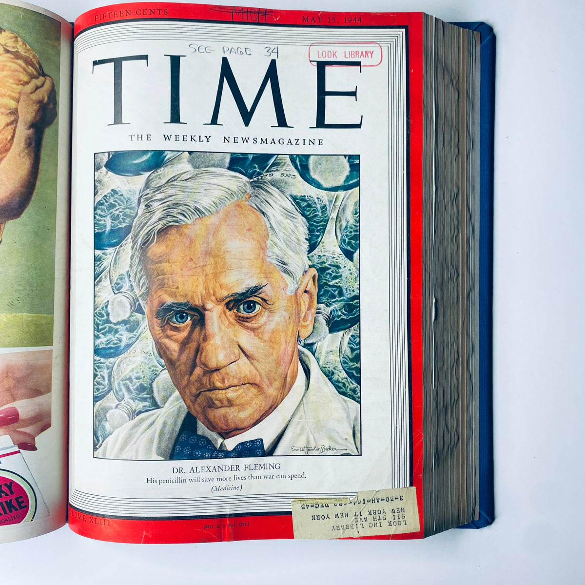Cover of Time Magazine Library Bound Weekly April 3, 1944 - June 26, 1944 featuring Dr. Alexander Fleming from May 15, 1944 issue. The cover portrays Fleming with a focus on his discovery of penicillin, highlighting its importance in medicine.