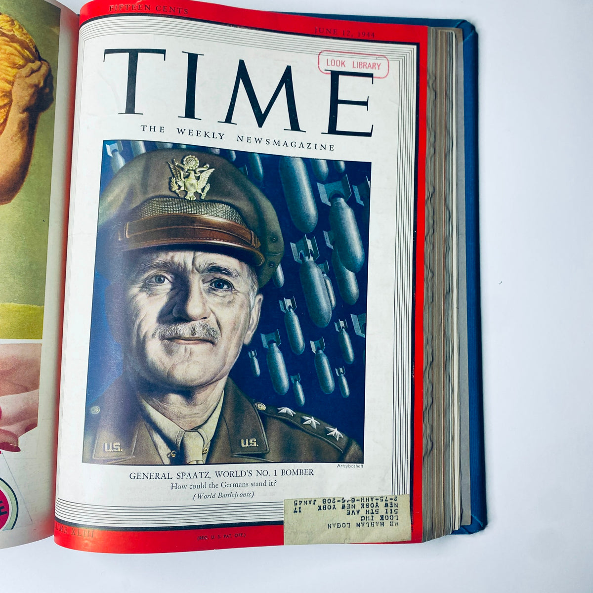 Time Magazine cover featuring General Carl Spaatz, June 12, 1944. The cover illustrates the U.S. bomber commander in front of aircraft bombs, highlighting his military prominence. Part of the Time Library Bound Weekly from April to June 1944.