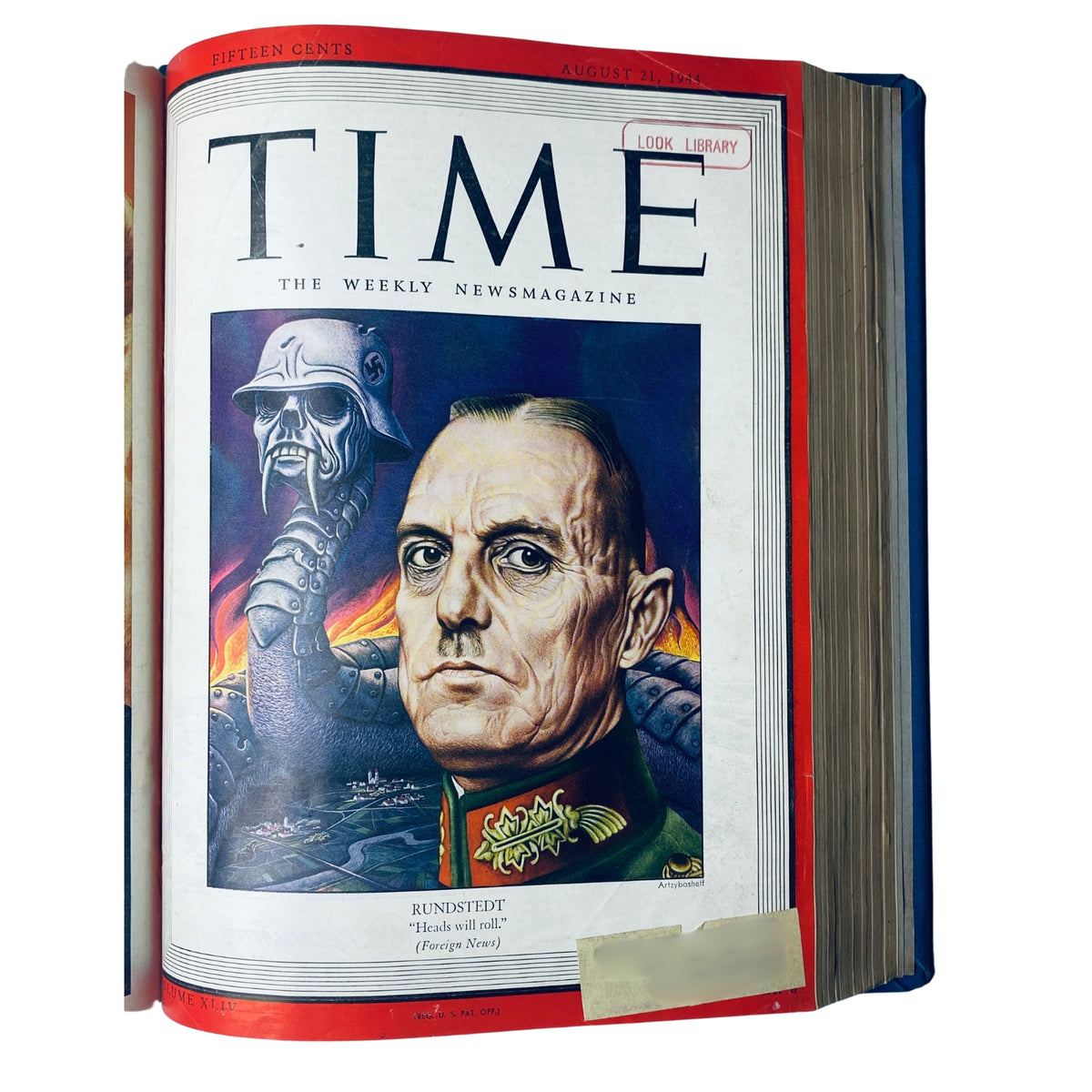 Cover page of Time Library Bound Weekly Magazine, featuring an artistic depiction of Field Marshal Gerd von Rundstedt, dated August 21, 1944.