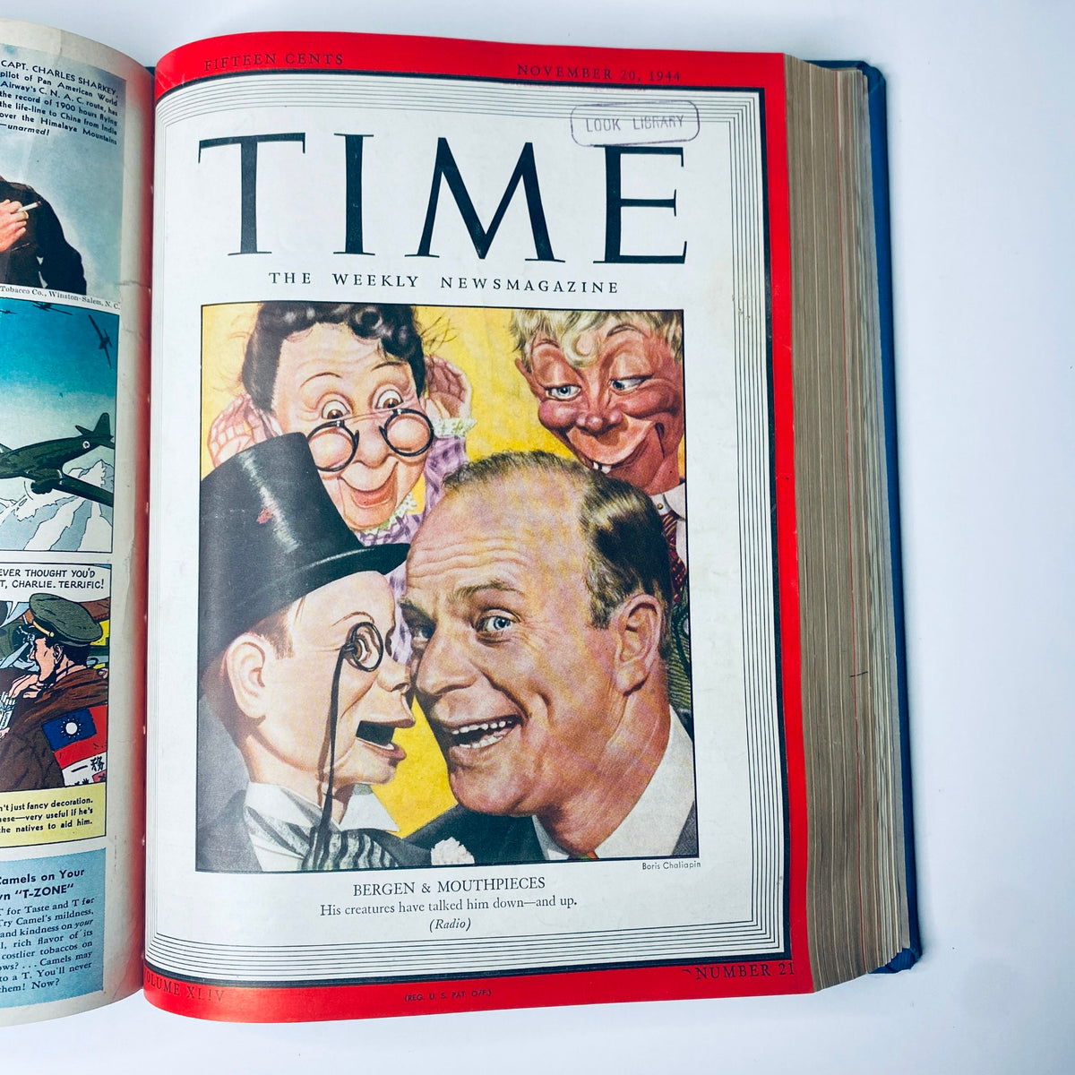 Cover of Time Magazine Library Bound Weekly October 2 to December 25, 1944 showcasing Bergen & Mouthpieces with Boris Chaliapin's illustration, highlighting comedic figures and their performances.