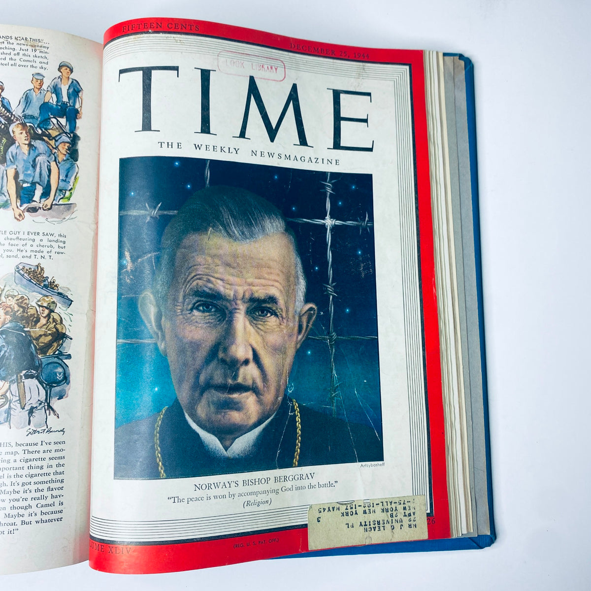 Cover of Time Magazine Library Bound Weekly October 2, 1944 - December 25, 1944 featuring Norway's Bishop Berggrav, with the caption discussing peace and the presence of God during battle.
