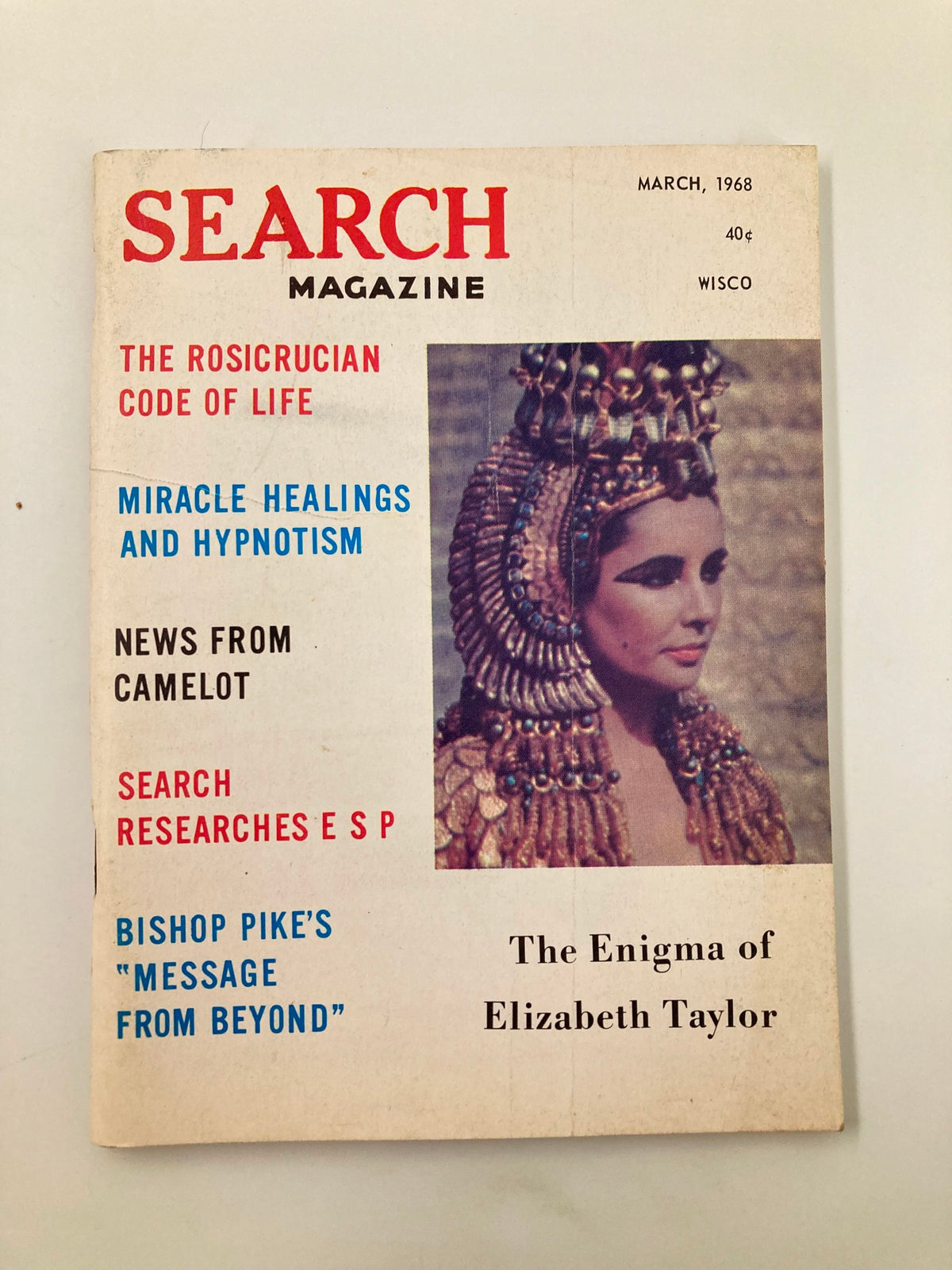 Cover of VTG Search Magazine March 1968, issue #78 featuring Elizabeth Taylor, showcasing the title 'The Enigma of Elizabeth Taylor', along with topics like 'The Rosicrucian Code of Life' and 'Miracle Healings and Hypnotism'.
