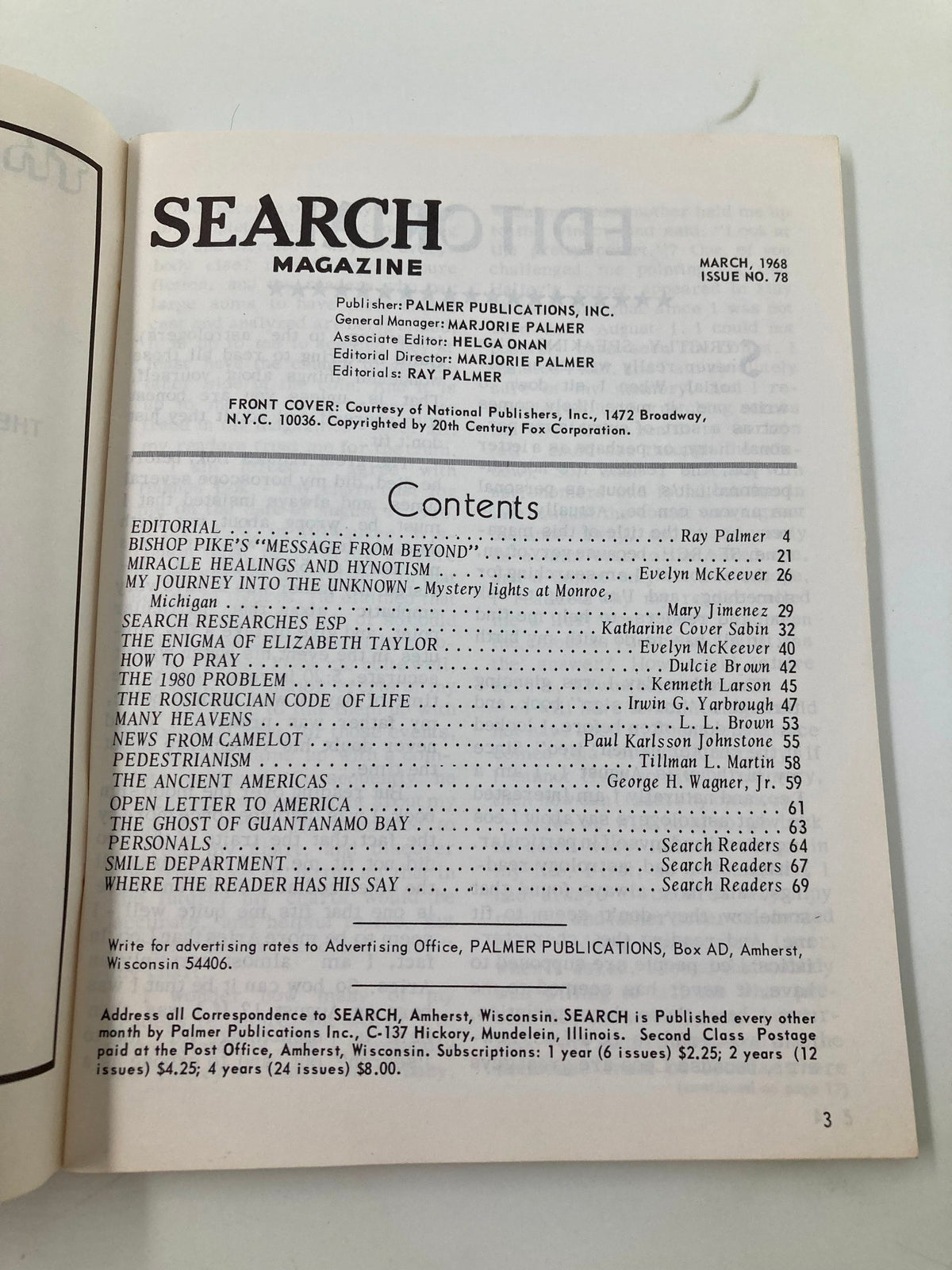Interior page of the VTG Search Magazine March 1968 #78, showcasing the contents section featuring articles and contributors, including 'The Enigma of Elizabeth Taylor'.