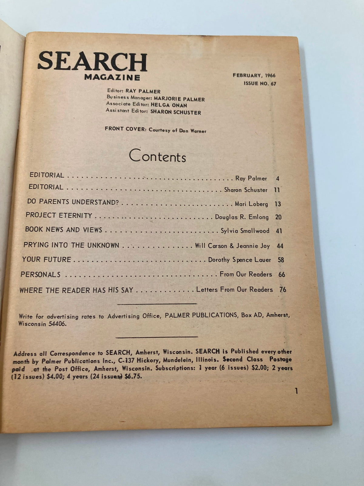 Contents page of VTG Search Magazine February 1966, issue #67. Lists articles and contributors, reflecting the structure of a 1960s publication with classic layout design.