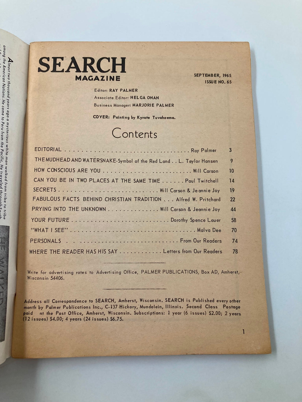Contents page of VTG Search Magazine September 1965, issue number 65, including article titles and editorial details.