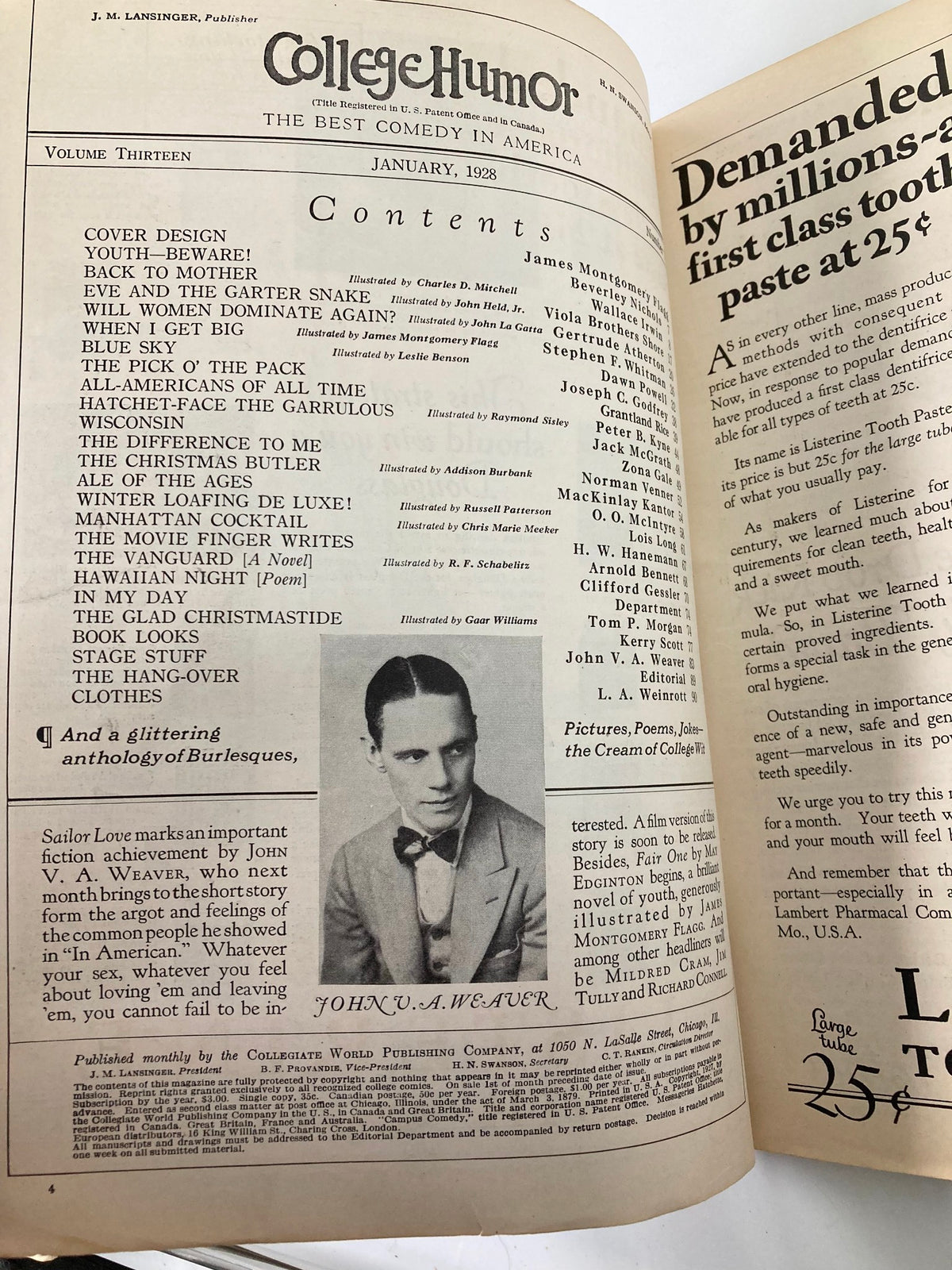 Inside page of the VTG College Humor Magazine from January 1928, revealing the contents and the cultural context of humor during the 1920s.