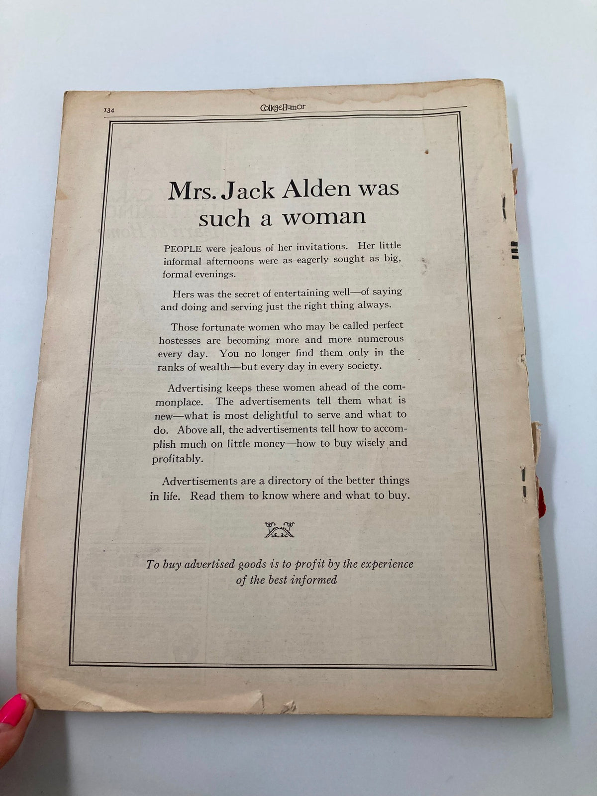 Back cover of the VTG College Humor Magazine January 1928 with an article titled 'Mrs. Jack Alden was such a woman' discussing social themes from the 1920s.