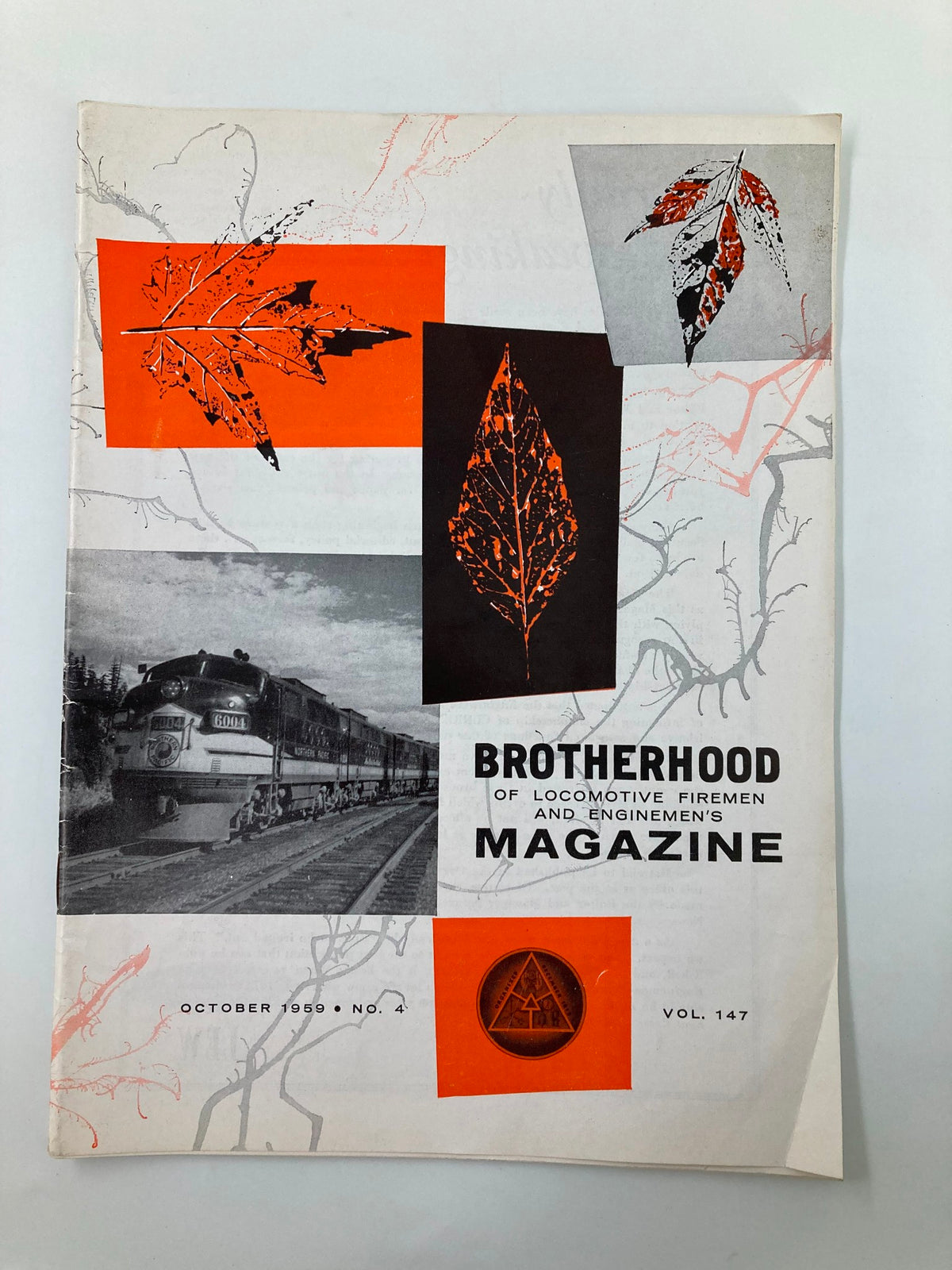 Cover of VTG Brotherhood Magazine October 1959 Vol 147 featuring graphic design with leaves and a locomotive, highlighting the Education Program in Denver.