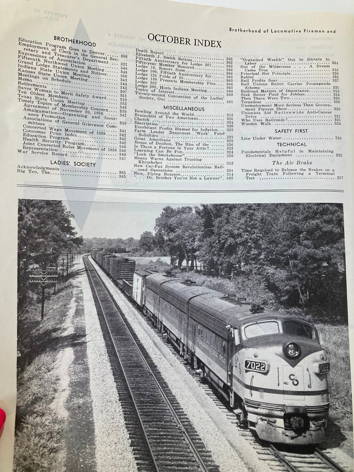 Index page of the VTG Brotherhood Magazine October 1959 Vol 147, listing topics including the Education Program and other articles.