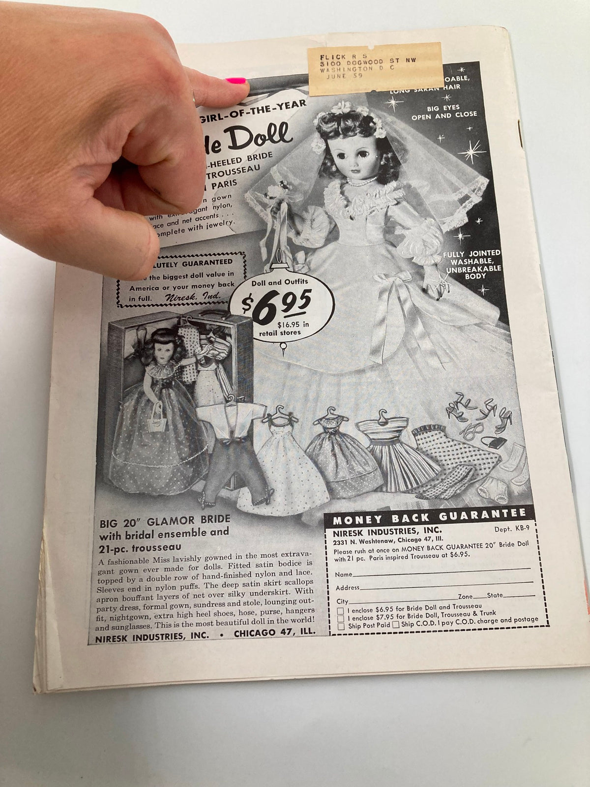Back page of the VTG Brotherhood Magazine October 1959 Vol 147 with an advertisement featuring a bride doll, highlighting the vintage commercial aspect.