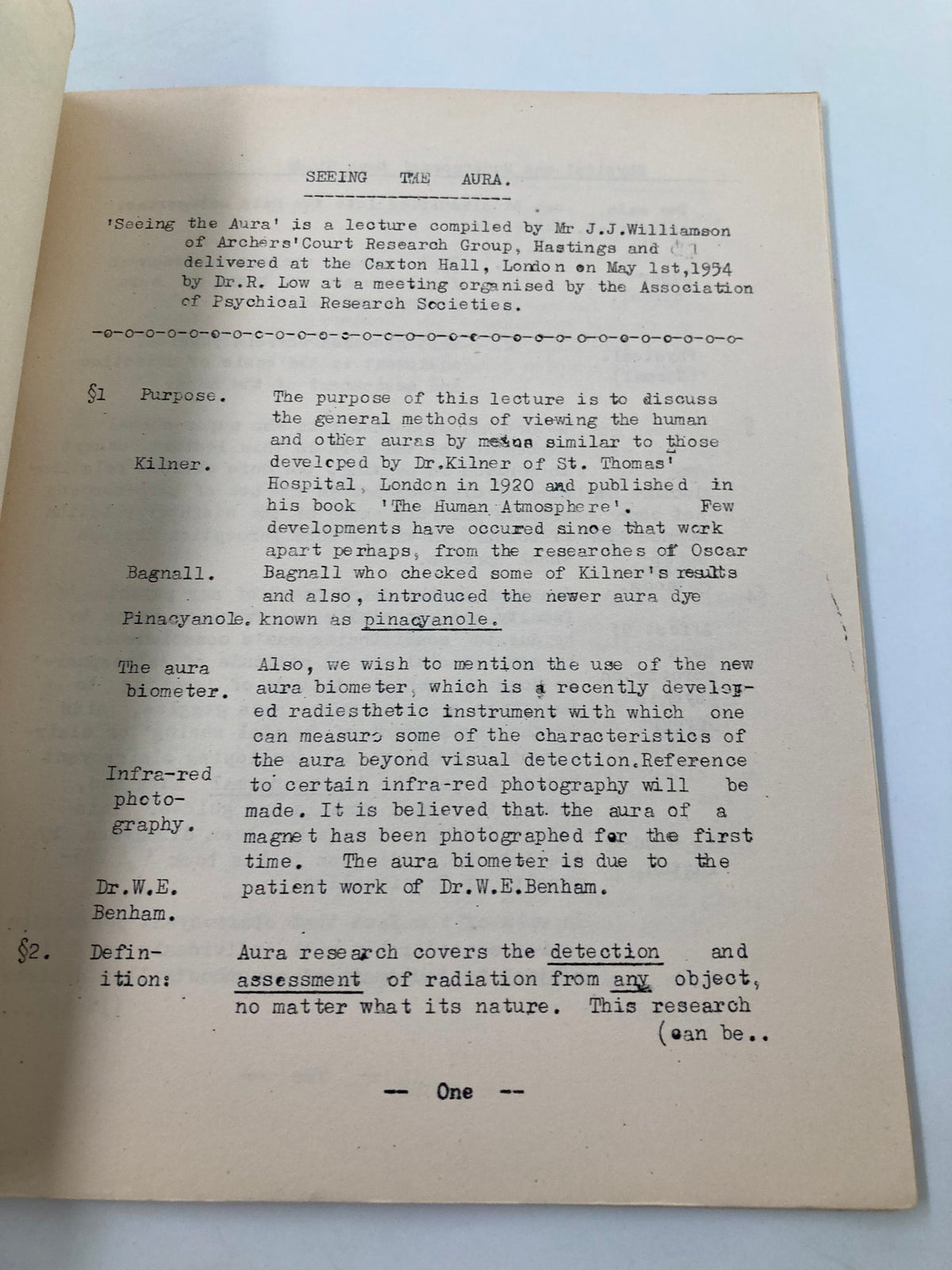 Page from 'Seeing The Aura: The First Post-War Aura Lecture' 1957, detailing the purpose and content of the aura lecture.