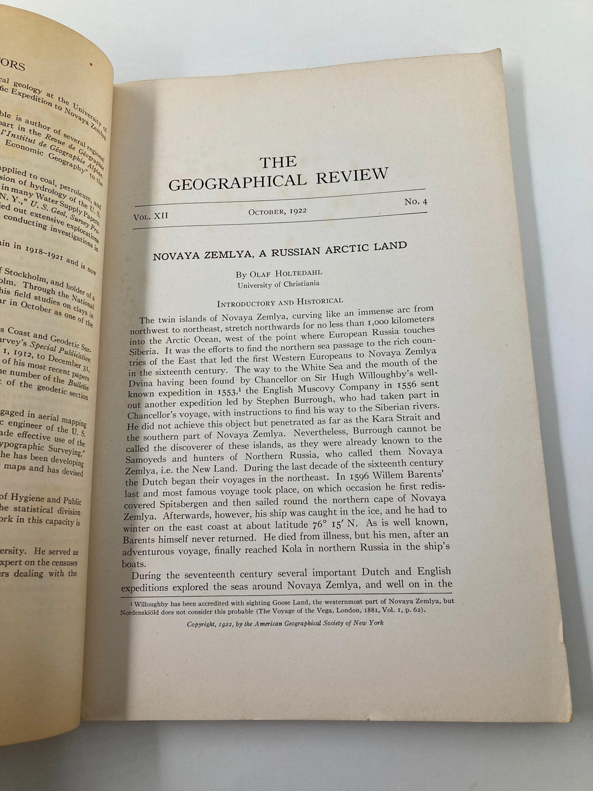 Introduction page of The Geographical Review, featuring the title and details of the publication from October 1922.