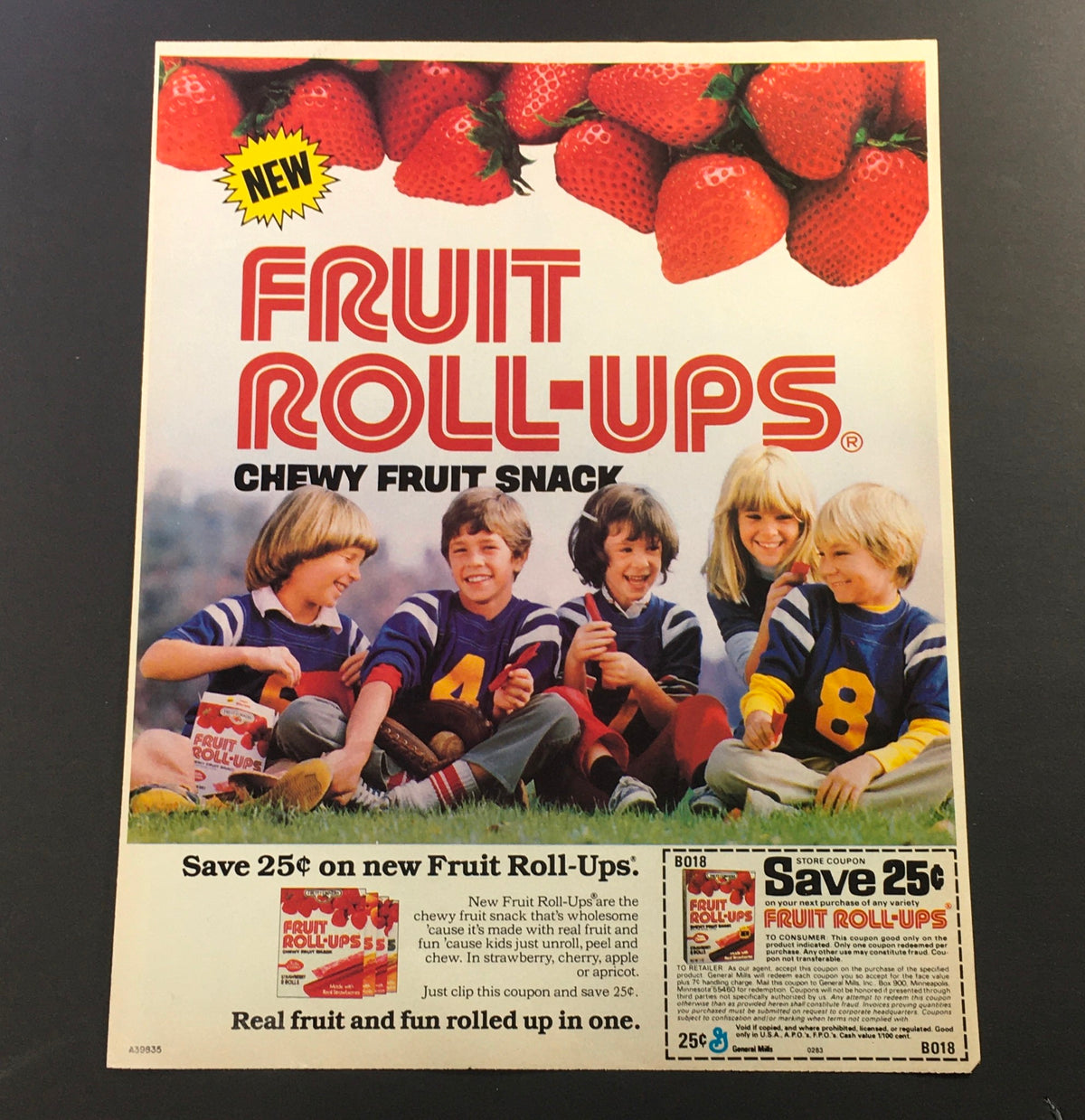 VTG Retro 1983 Fruit Roll-Ups Chewy Fruit Snack Print Ad showing children enjoying Fruit Roll-Ups with a coupon offer for savings. The image features bold, colorful graphics and captures the nostalgic appeal of the 1980s snack.