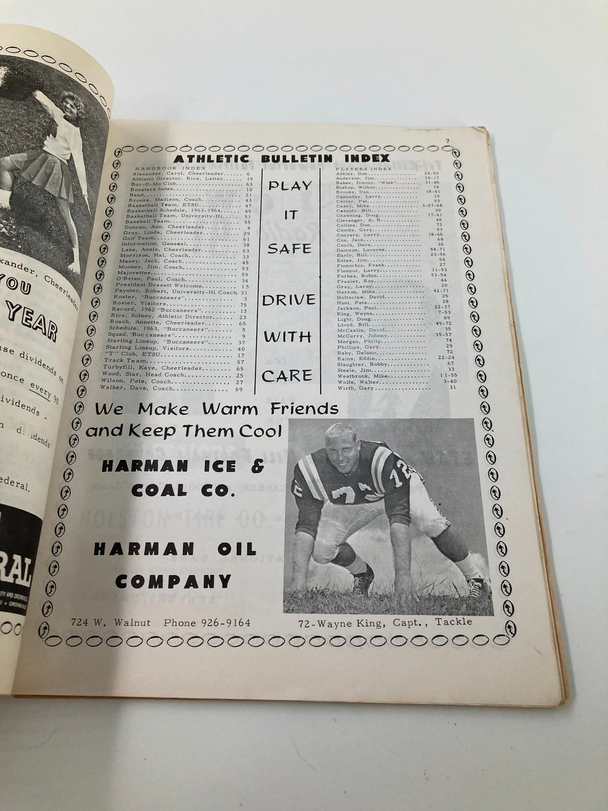 Inside page from the September 21 1963 Football ETSU Buccaneers vs Murray State Thoroughbreds Program featuring the Athletic Bulletin Index.