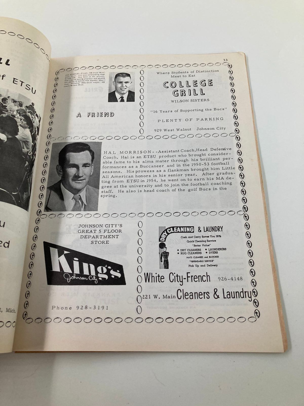 Advertisement page showcasing local businesses, featured in the September 21 1963 Football ETSU Buccaneers vs Murray State Thoroughbreds Program.