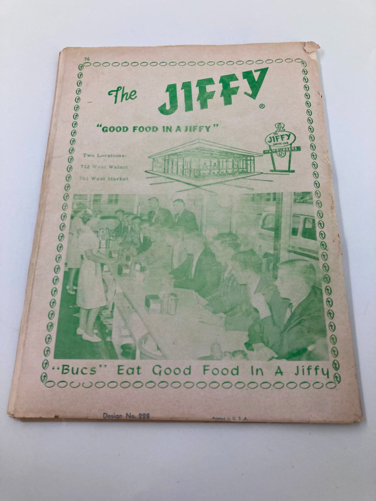 Cover of The Jiffy restaurant menu featuring the text 'GOOD FOOD IN A JIFFY', from the September 21 1963 Football ETSU Buccaneers vs Murray State Thoroughbreds Program.